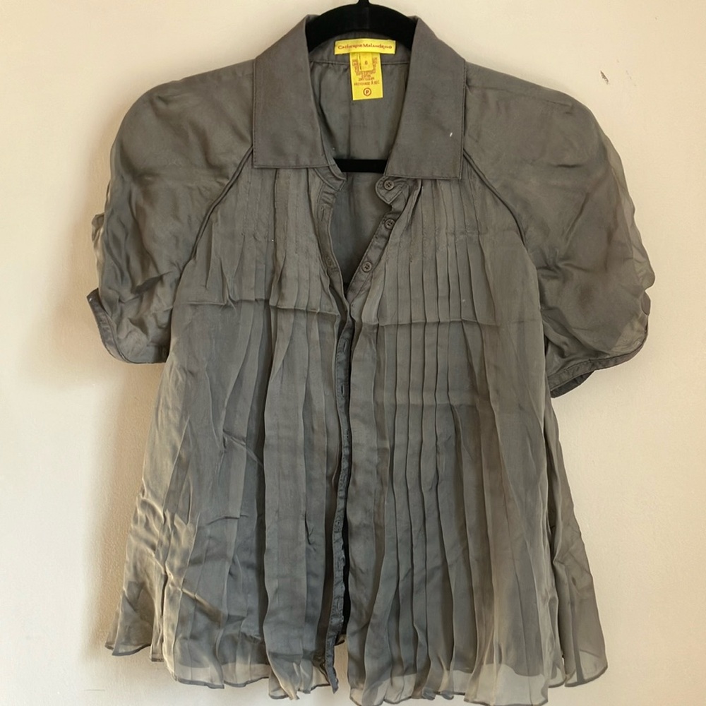 Catherine Malandrino Gray Puff Sleeve Blouse with Pleated Notched Collar
